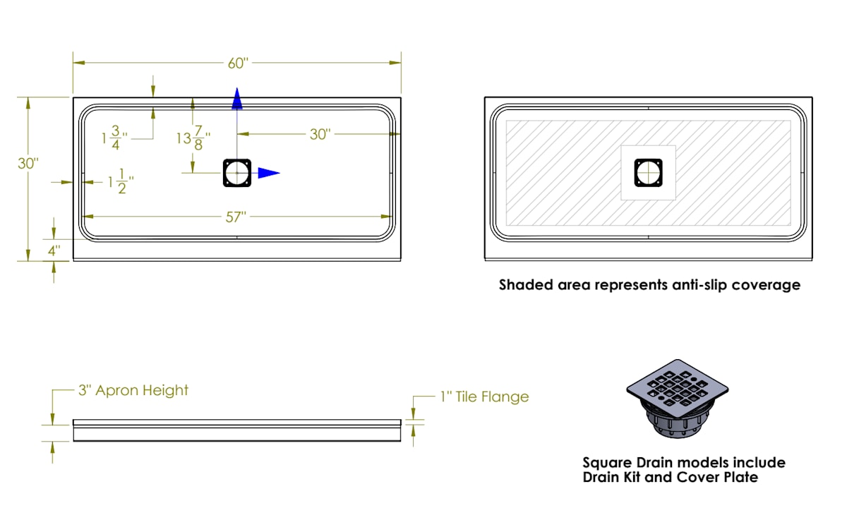 Princeton PRO 60 x 30 x 3  Porcelain Enamel Alcove Shower Base - Square Drain — dimensional drawing & specifications