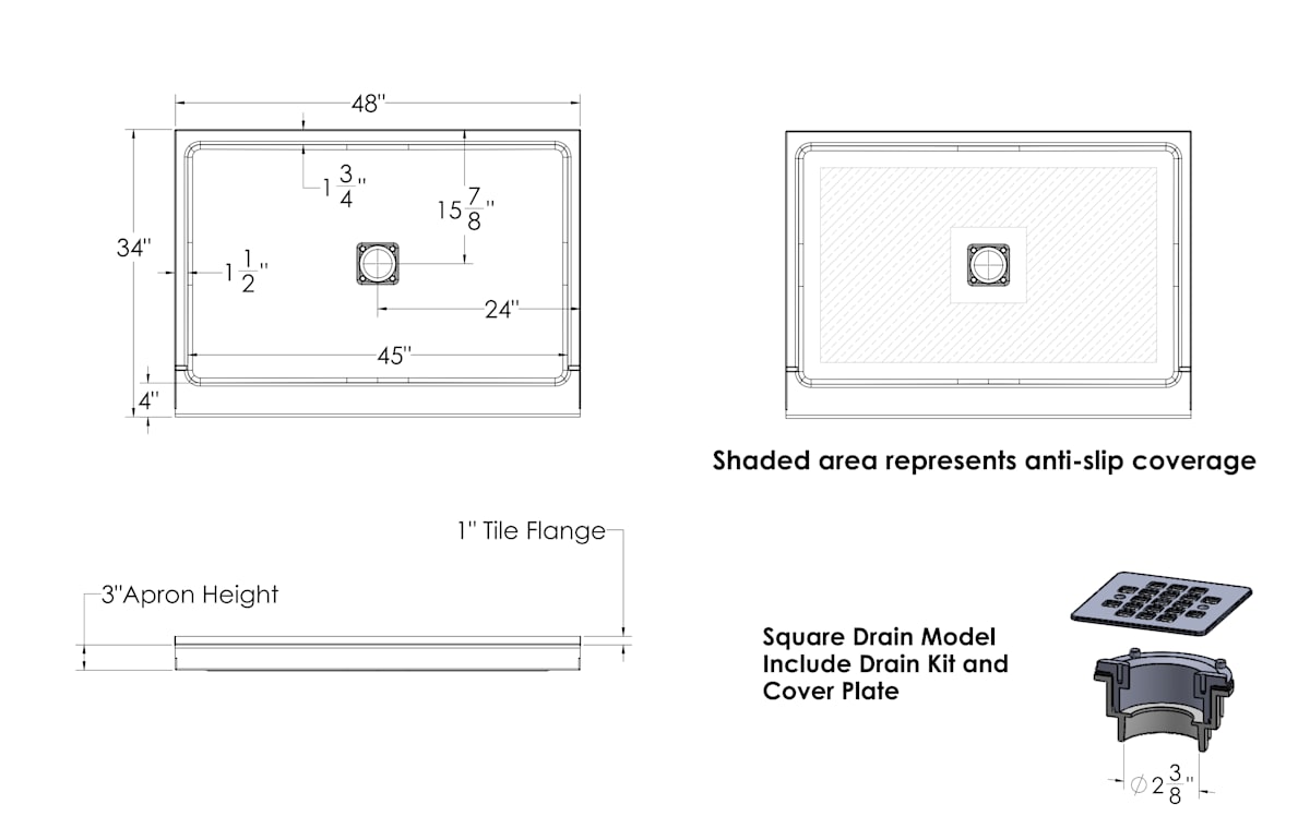 Princeton PRO 48 x 34 x 3  Porcelain Enamel Alcove Shower Base with Square Drain — dimensional drawing & specifications