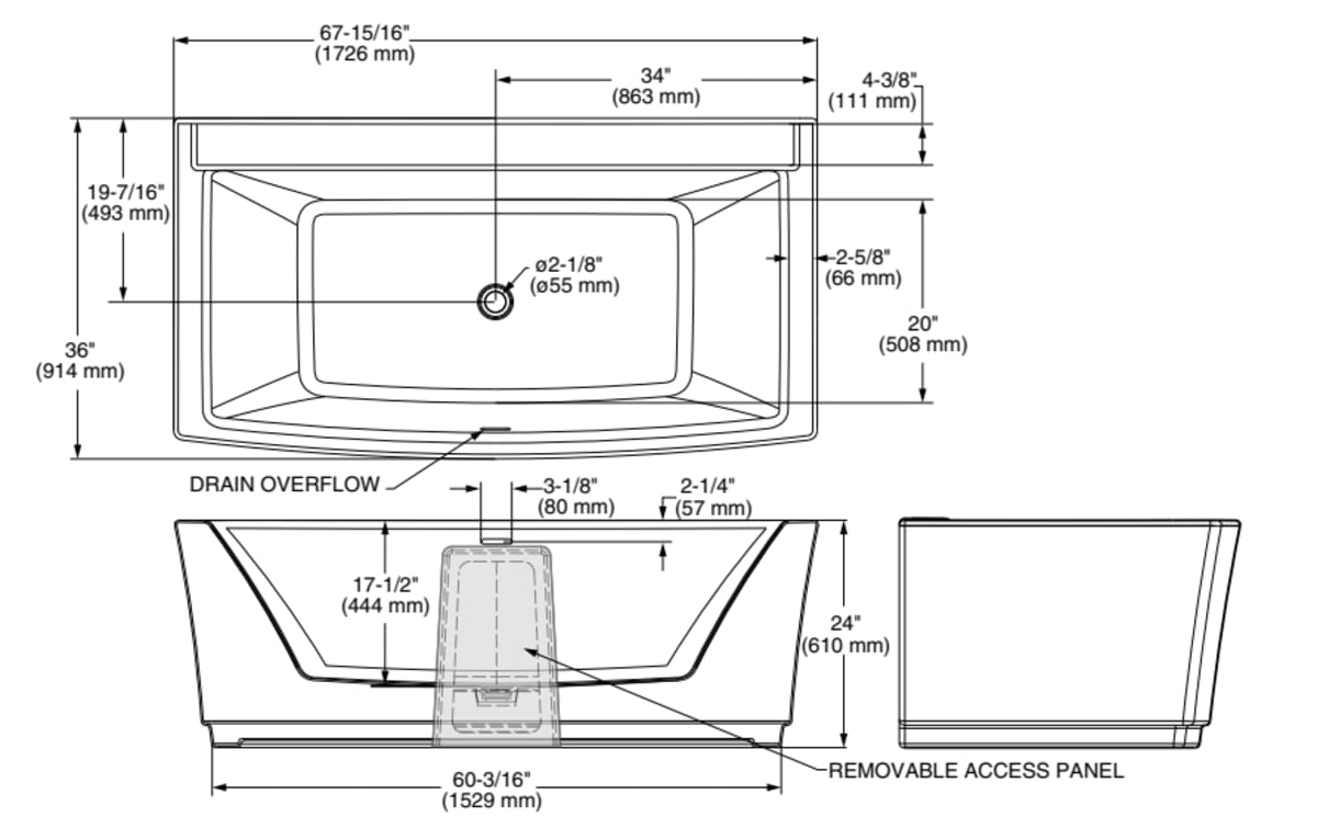 Townsend® 68 x 36-Inch Freestanding Bathtub Center Drain With Integrated Overflow — dimensional drawing & specifications