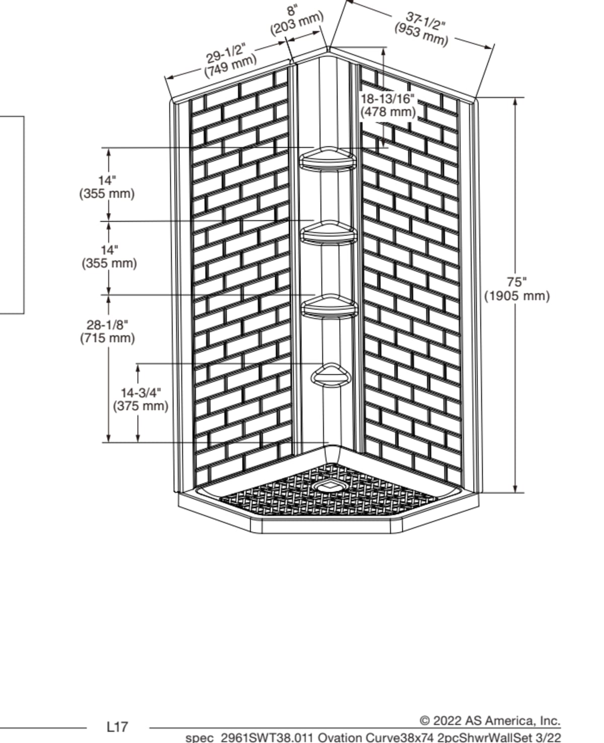 Ovation Curve 38X74 2Pc Subway Shower Walls — dimensional drawing & specifications