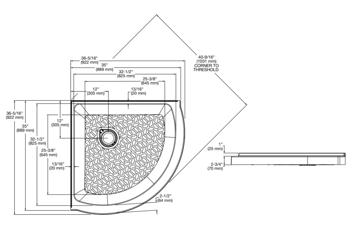 Elevate 36-inch Curved Shower Base with Center Drain — dimensional drawing & specifications