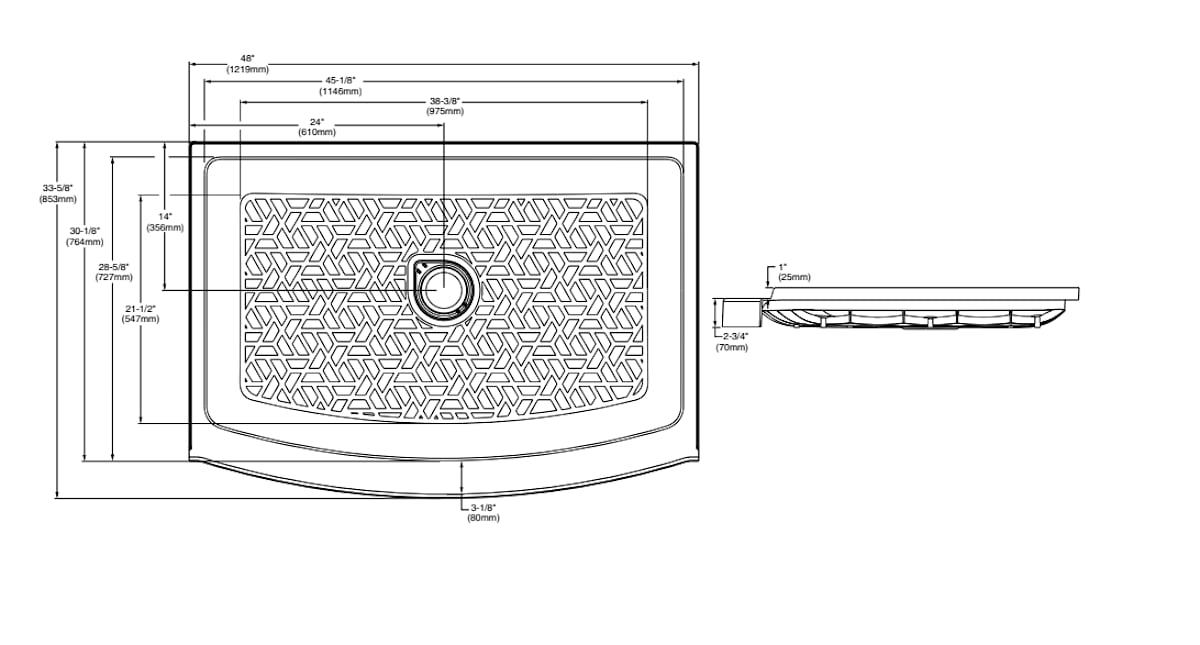 Ovation Curve 48x30-inch Curved Shower Base with Center Drain Outlet — dimensional drawing & specifications