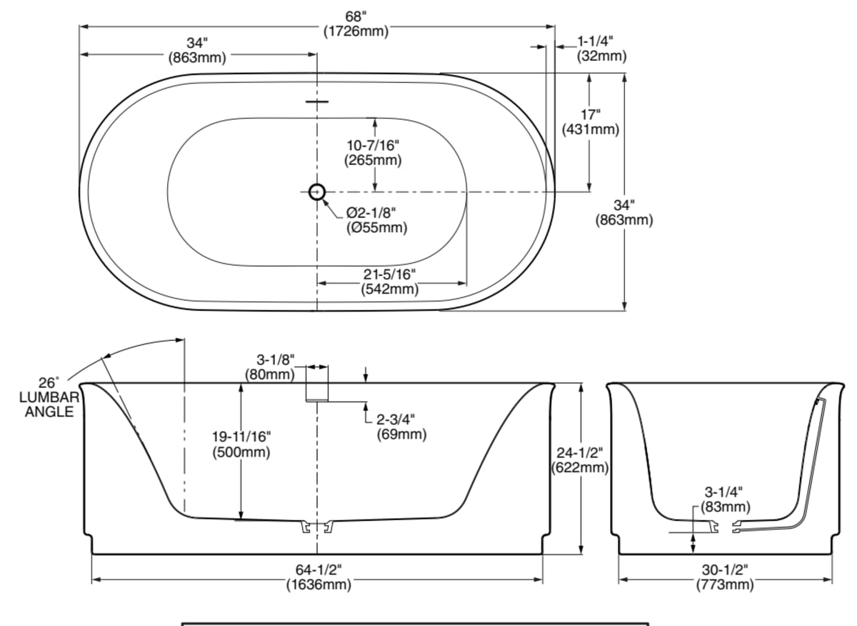Studio® S 68 x 34-Inch Freestanding Bathtub Center Drain With Integrated Overflow — dimensional drawing & specifications