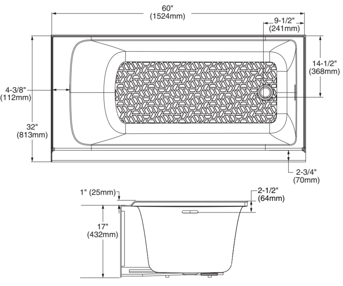 Aspirations 60 x 32-Inch Integral Apron Bathtub With Right-Hand Drain — dimensional drawing & specifications
