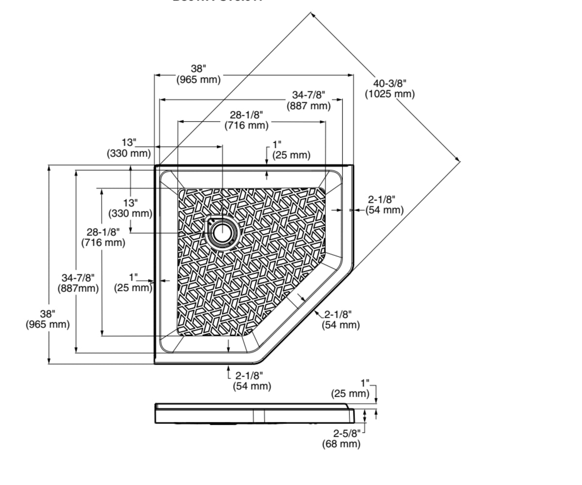 Ovation Curve 38-inch Neo-Angle Base with Center Drain Outlet — dimensional drawing & specifications