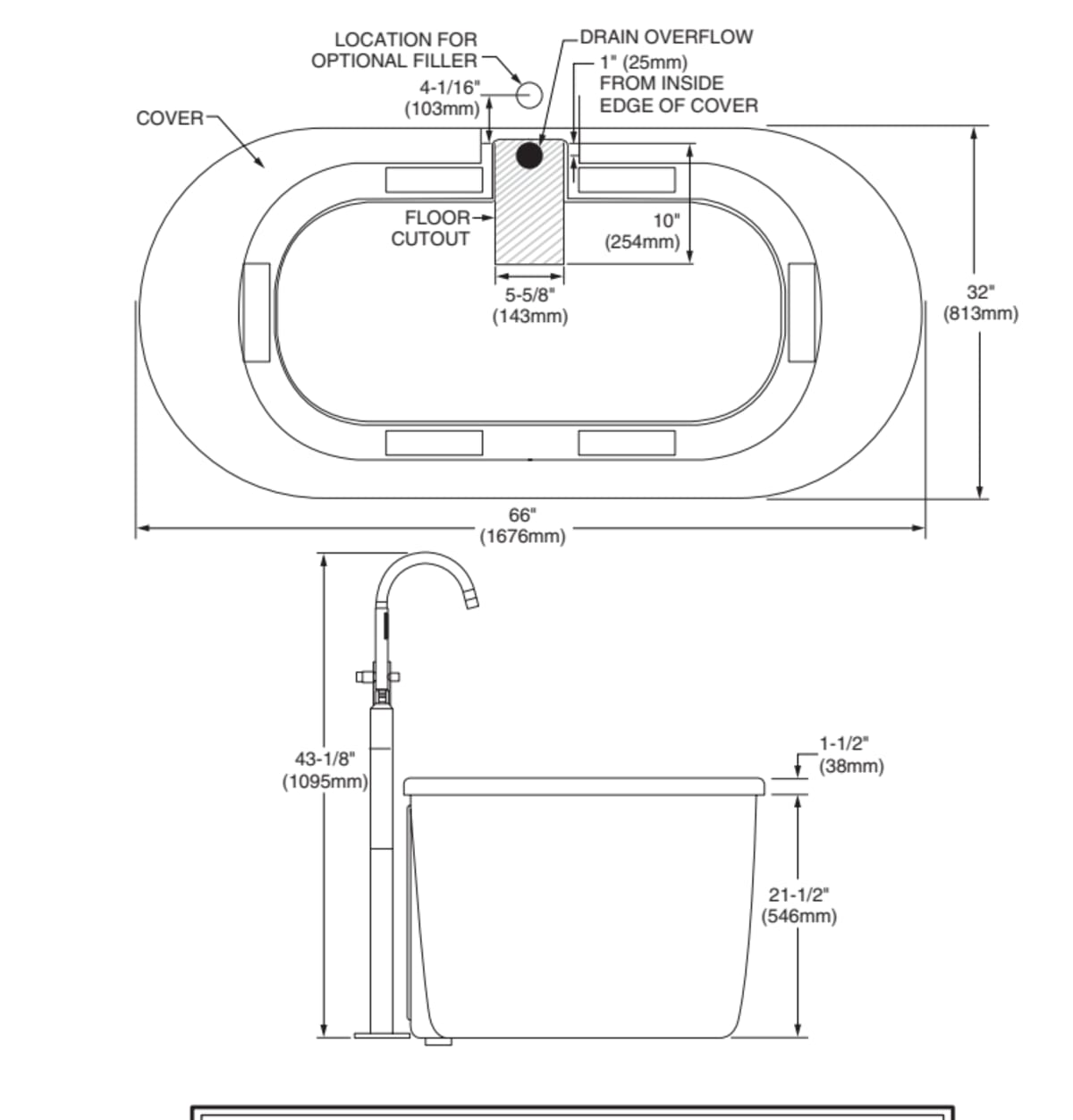 Cadet® 66 x 32-Inch Freestanding Bathtub With Drain Chrome Finish — dimensional drawing & specifications