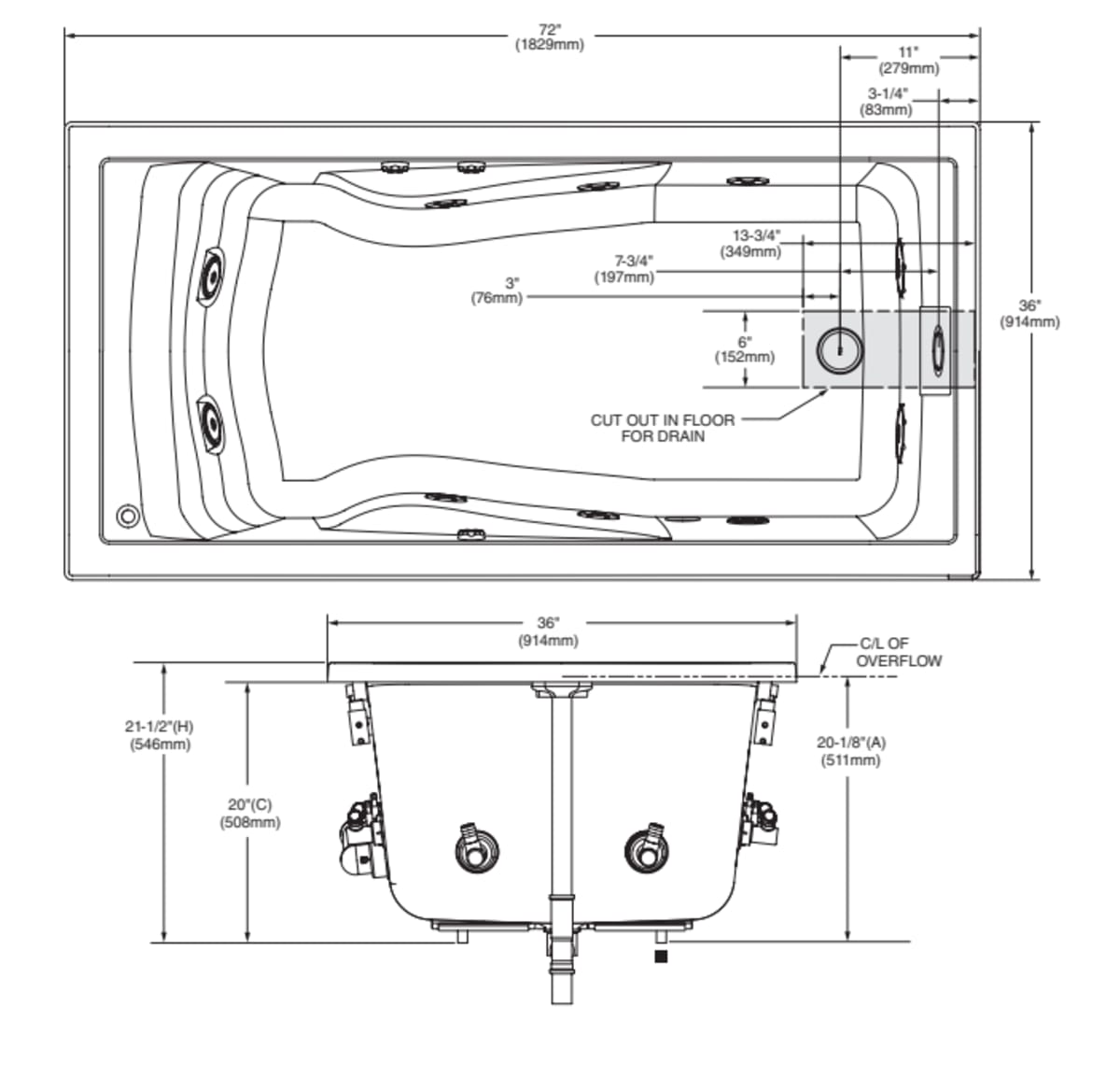 Evolution® 72 x 36-Inch Deep Soak® Drop-In Bathtub With EverClean® Hydromassage System — dimensional drawing & specifications