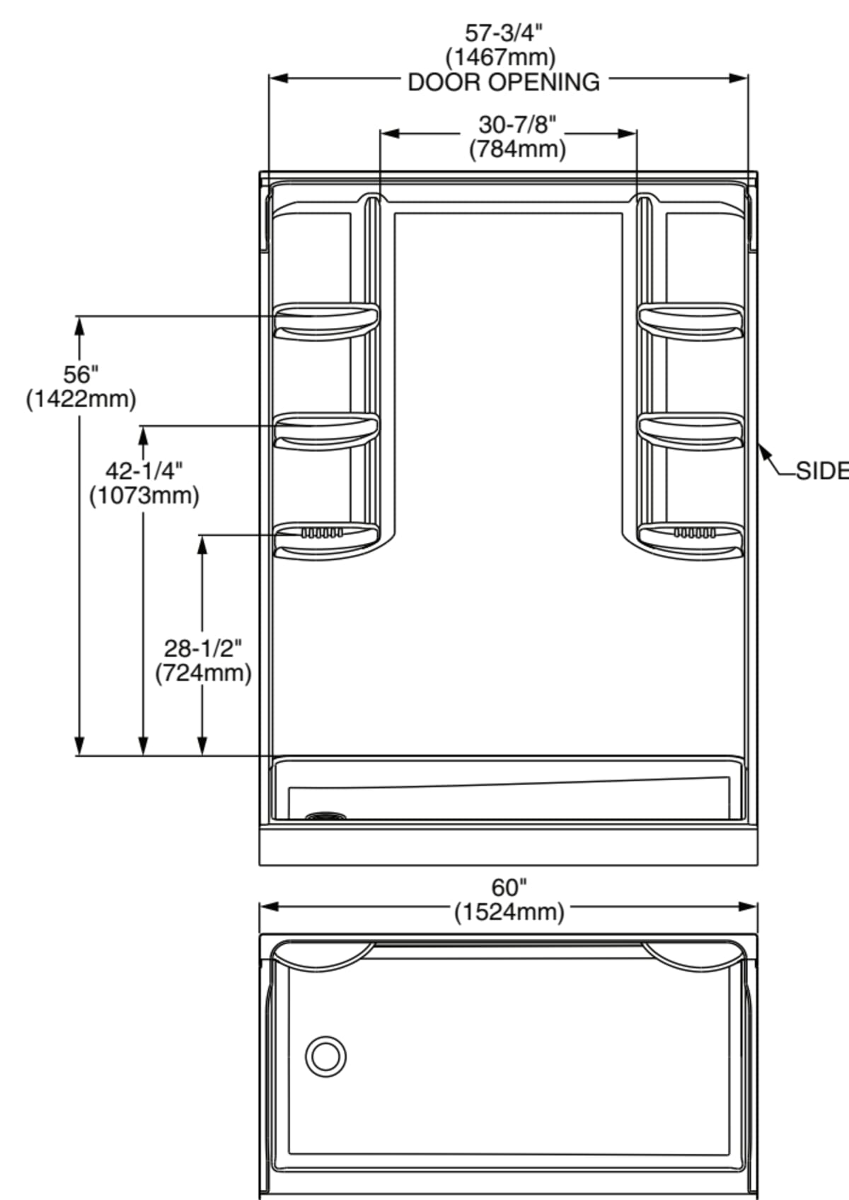 Studio 60 X 32 X 72-Inch Shower Wall Set — dimensional drawing & specifications