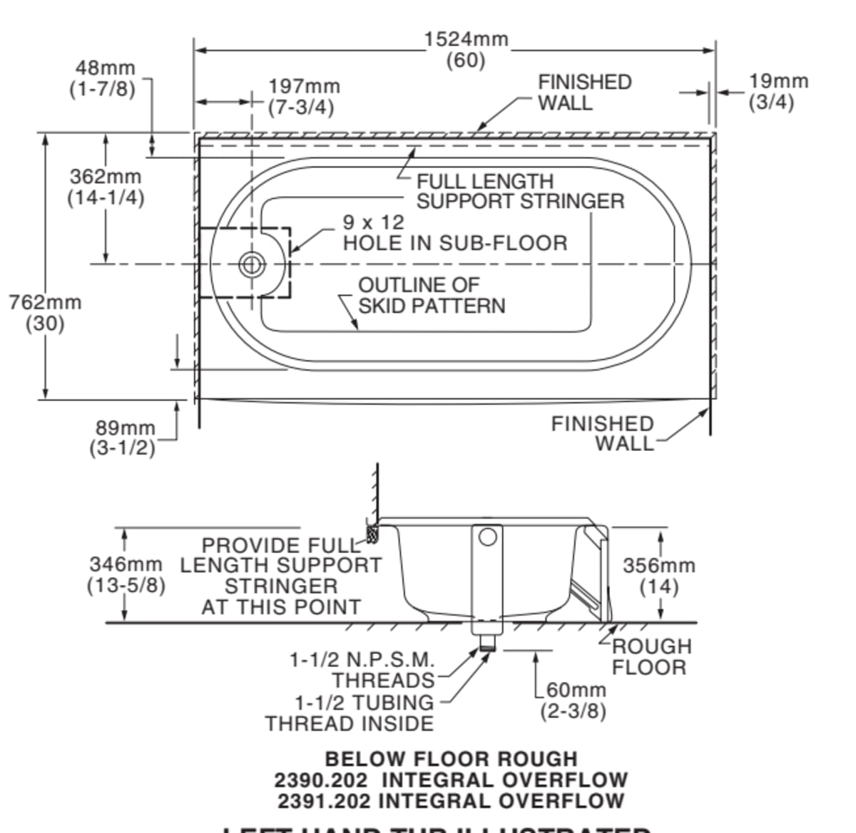 Princeton Americast 60 x 30-Inch Integral Apron Bathtub With Integral Drain — dimensional drawing & specifications