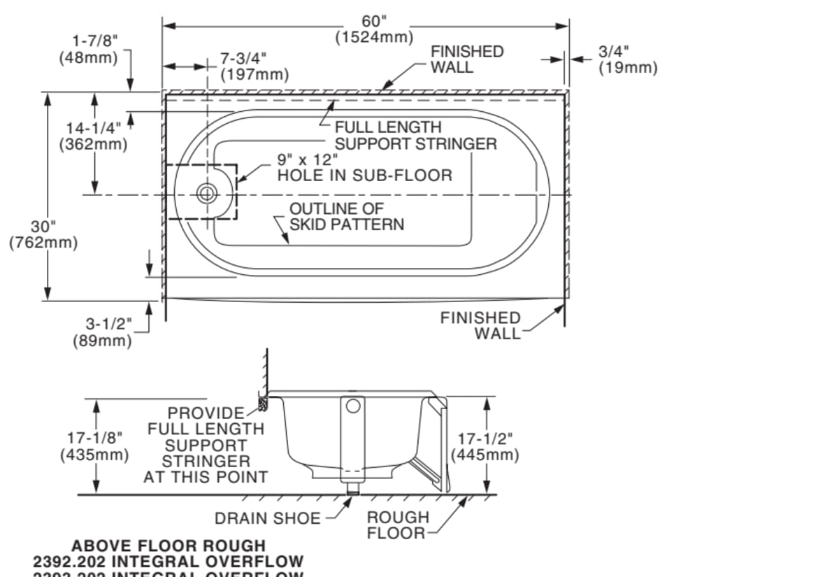 Princeton® Americast® 60 x 30-Inch Integral Apron Bathtub Above Floor Rough Left-Hand Outlet with Integral Drain — dimensional drawing & specifications