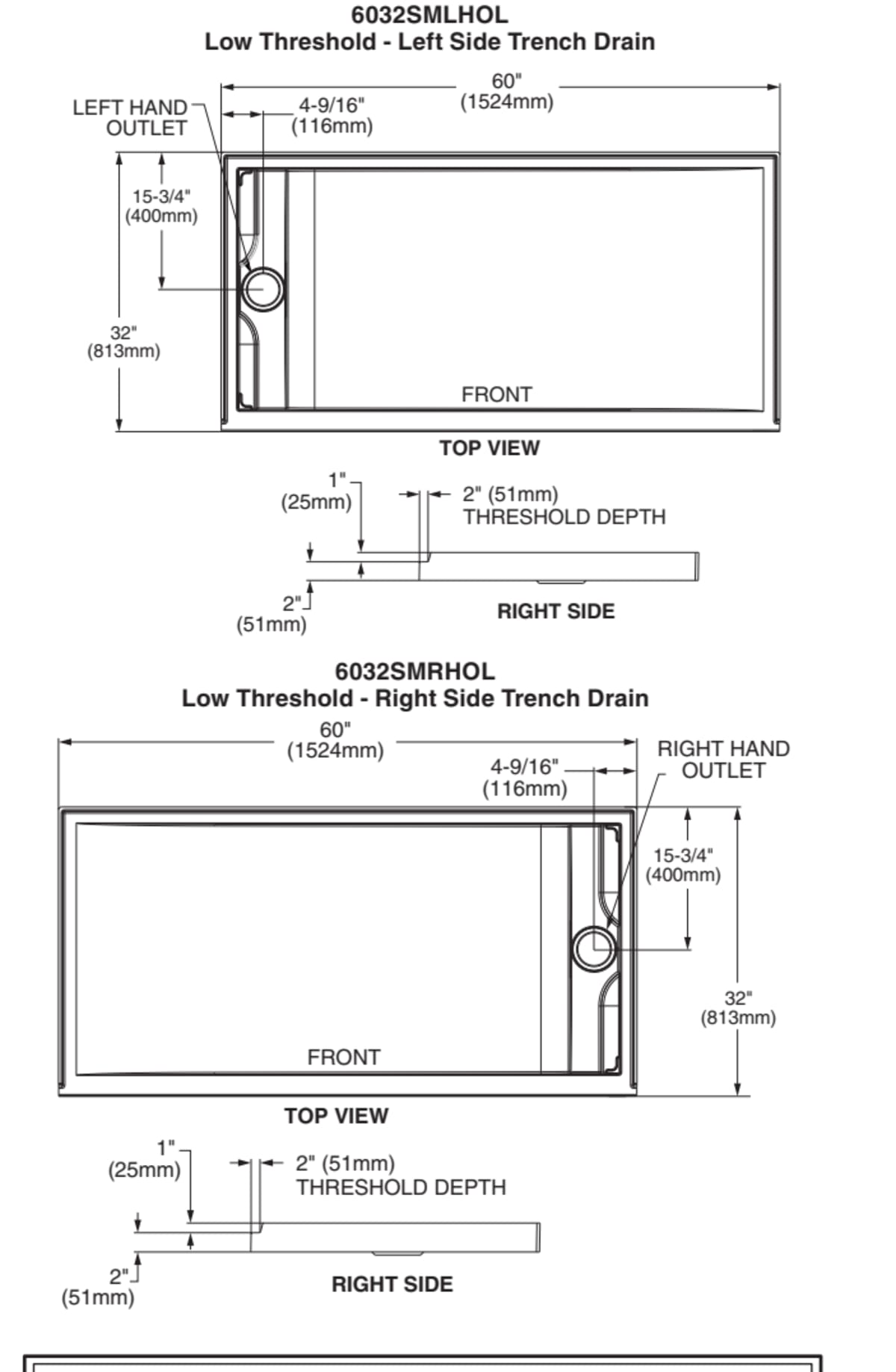 Townsend 60 x 32-Inch Single Threshold Shower Base With Left-Hand Outlet — dimensional drawing & specifications