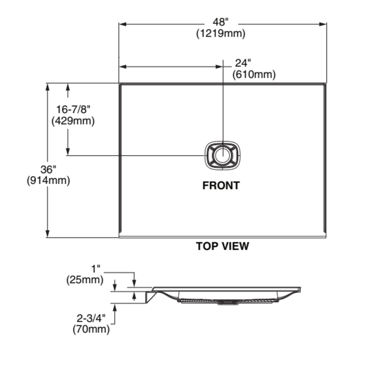 Aspirations 48 x 36-Inch Single Threshold Shower Base With Center Drain — dimensional drawing & specifications