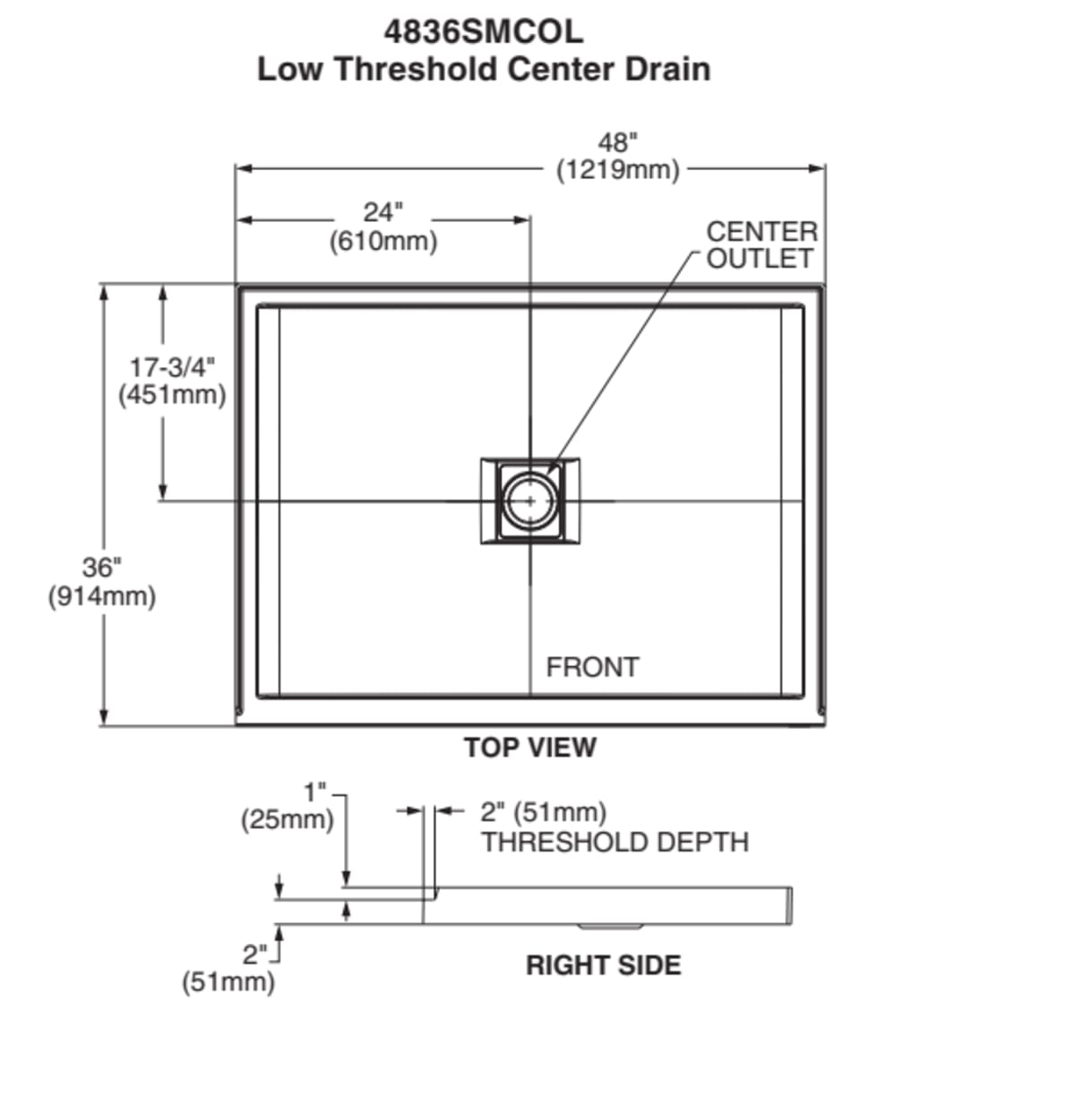 Townsend 48 x 36-Inch Single Threshold Shower Bases With Center Drain — dimensional drawing & specifications