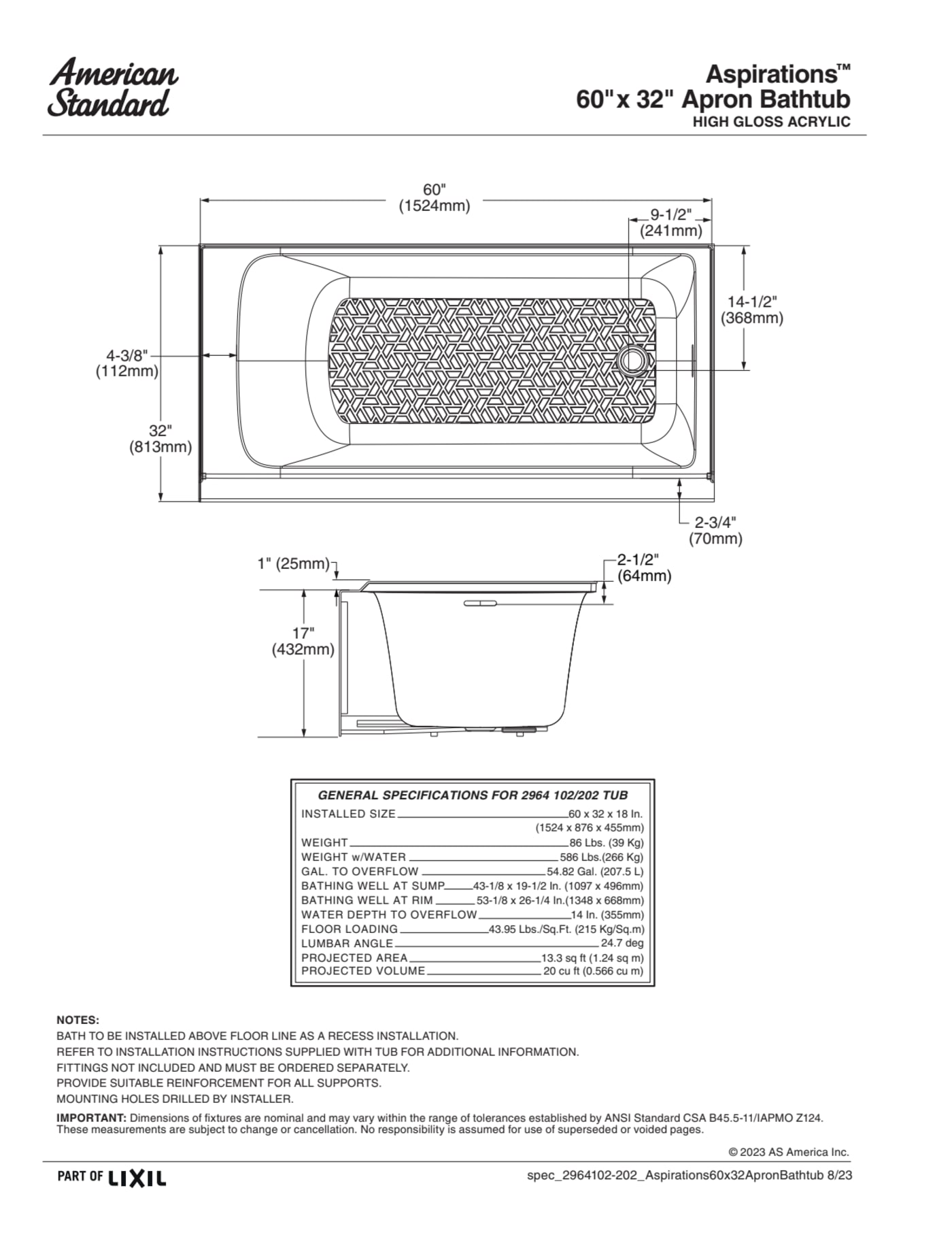 Aspirations 60 x 36 x 72-Inch Vertical Tile Bath Wall Set — dimensional drawing & specifications