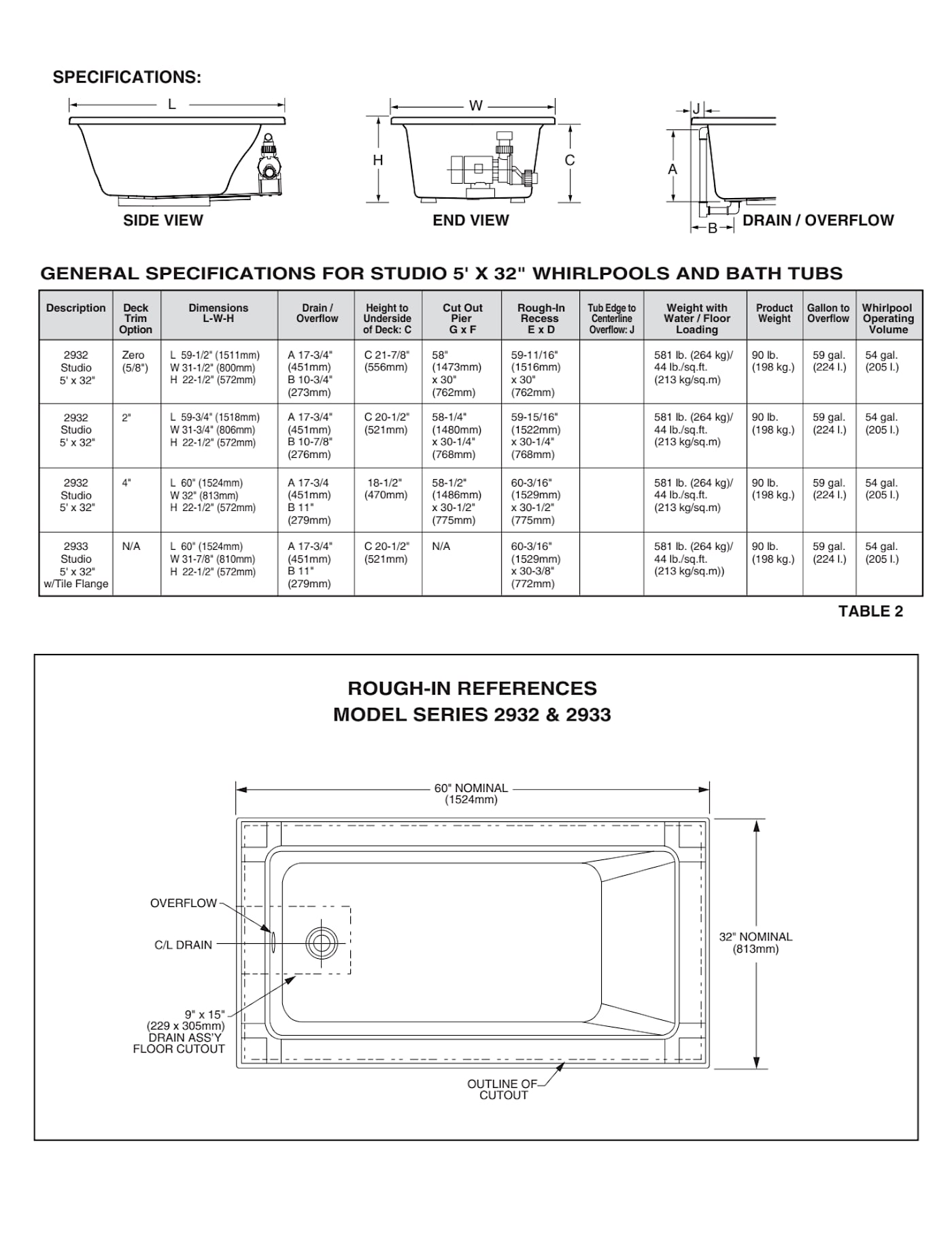Studio® 66 x 36-Inch Drop-In Bathtub With Zero Edge — dimensional drawing & specifications