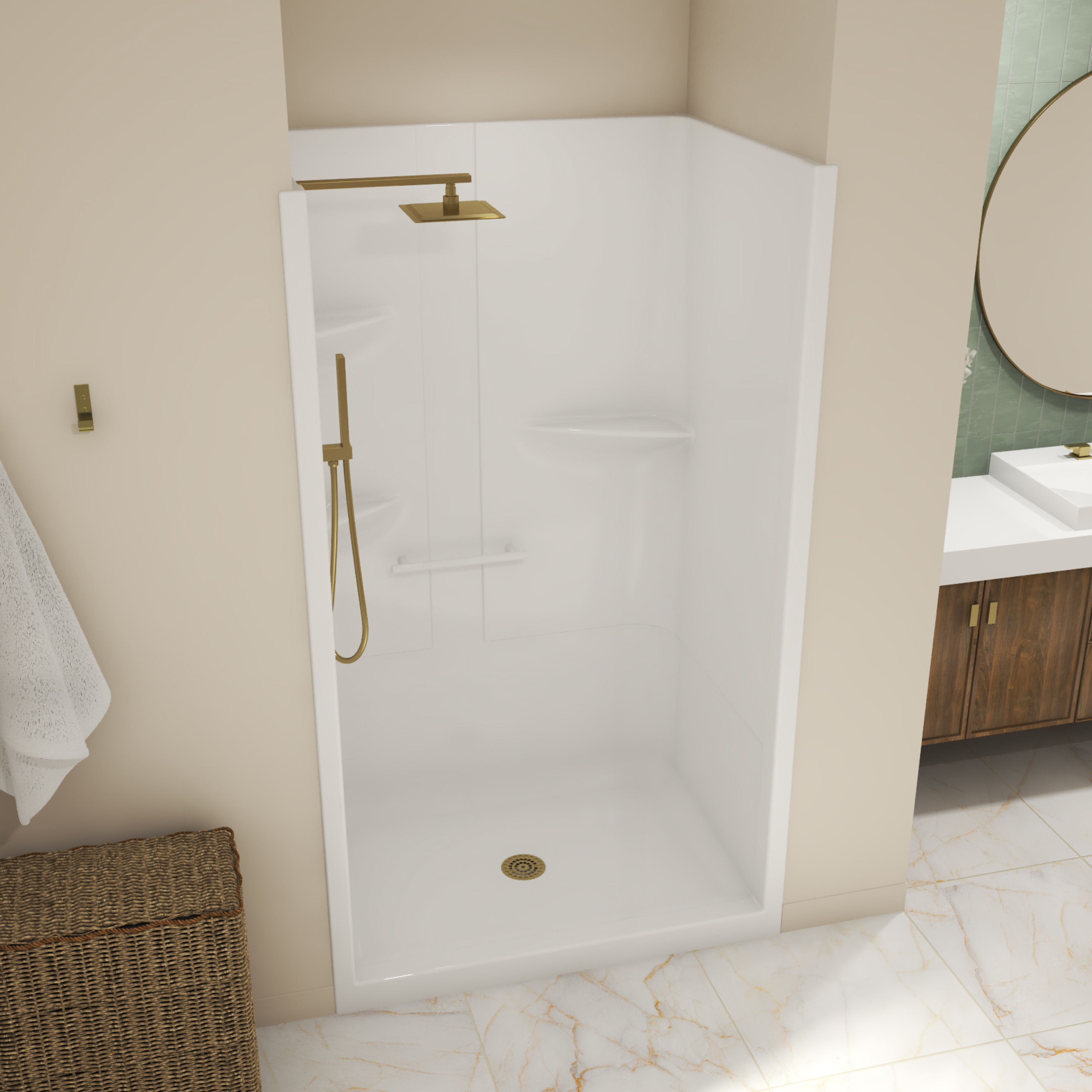 Allia SH-4834 Acrylic Alcove Center Drain No Seat One-Piece Shower