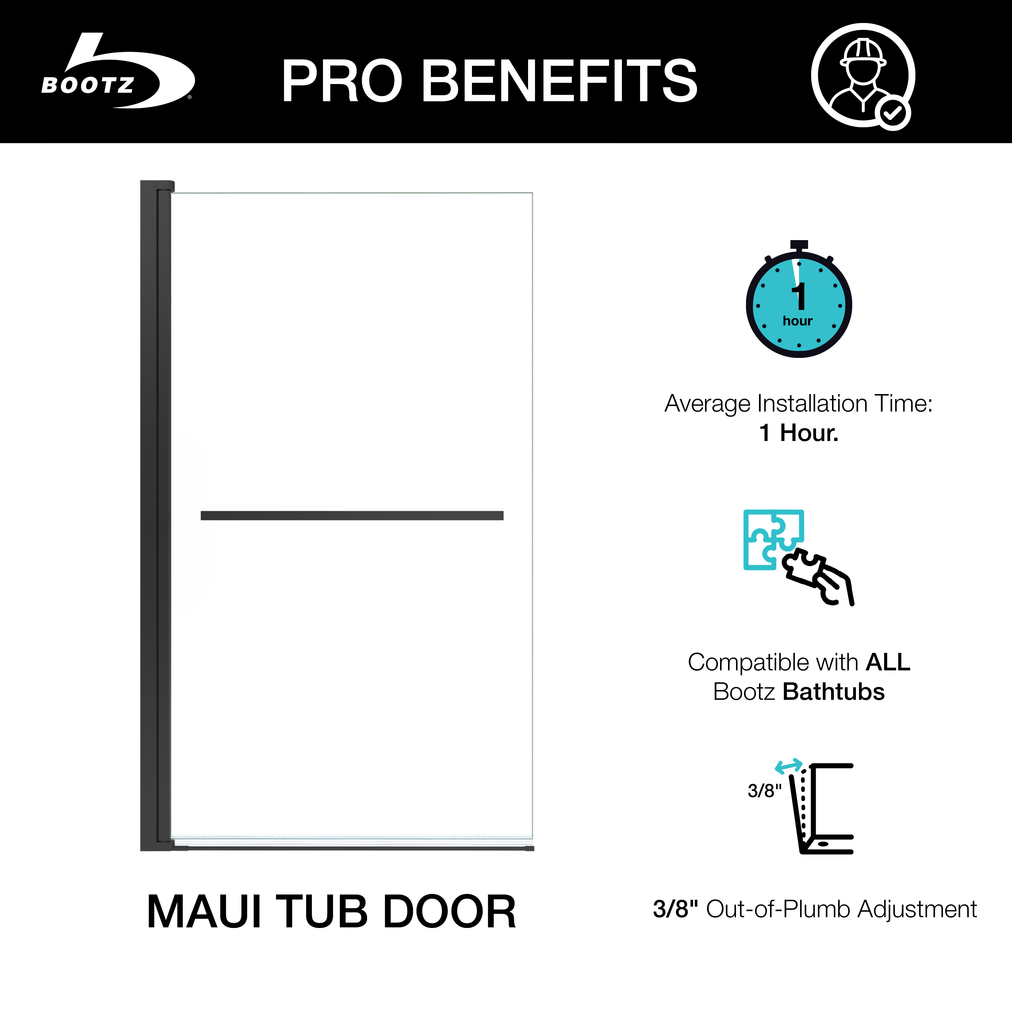 Maui 34 inch W x 58 inch H Frameless Swing Tub Door