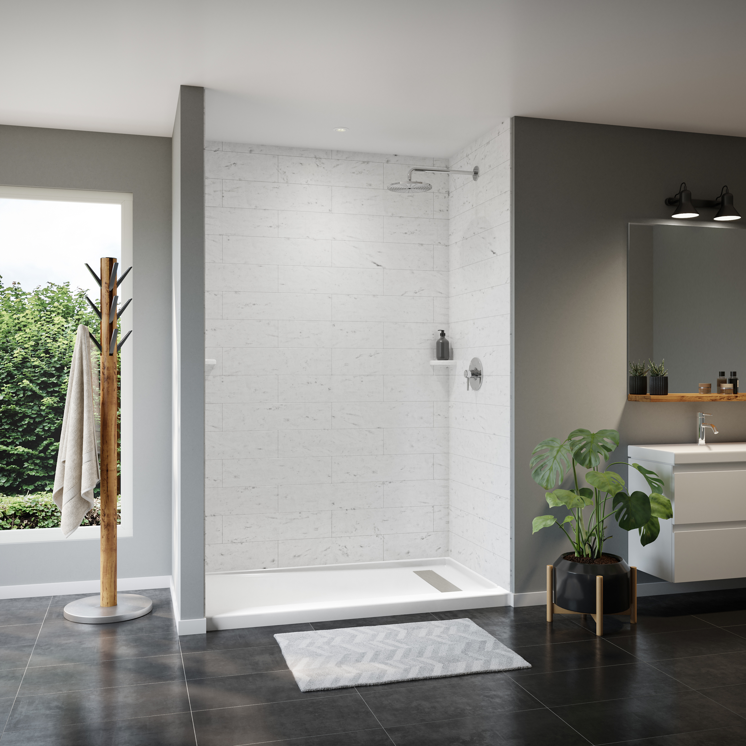 ShowerCast 60 x 36 x 3 Porcelain Enamel Alcove Shower Base - Trench Drain 8 1/2" in. from Wet Wall