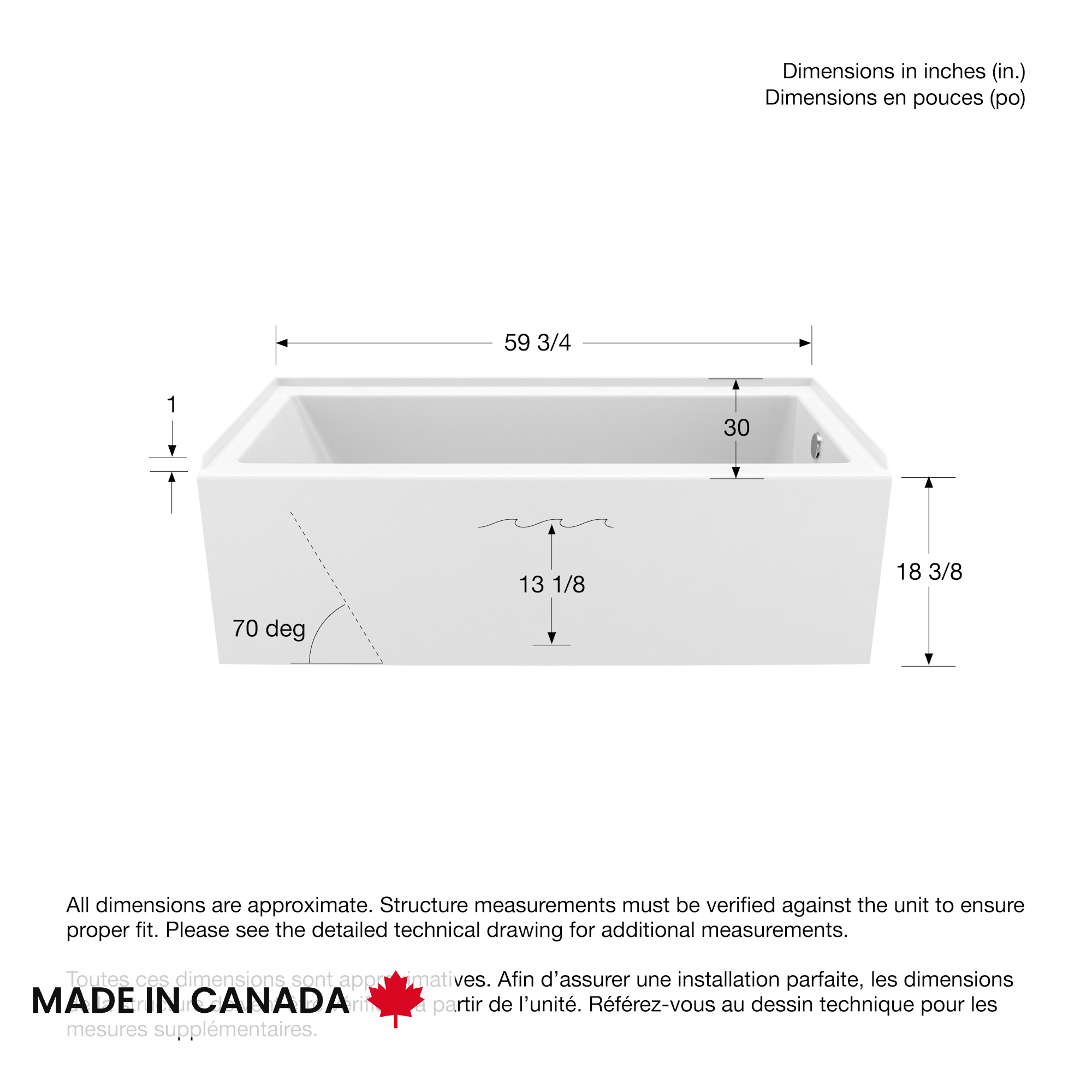Rubix 6030 Acrylic Alcove Right-Hand Drain Bathtub in White