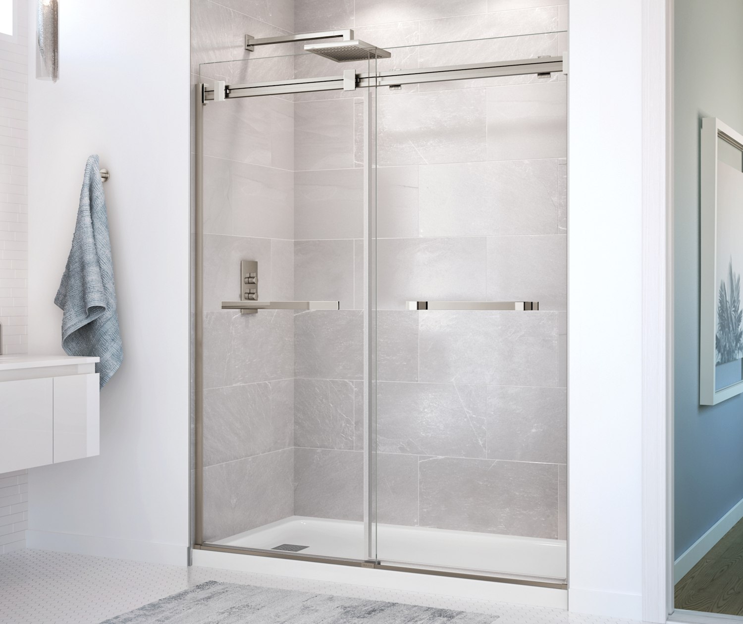 Duel 56-58 ½ x 70 ½-74 in. 8mm Bypass Shower Door for Alcove Installation  with Clear glass in Brushed Nickel | Shower Door, Maax en
