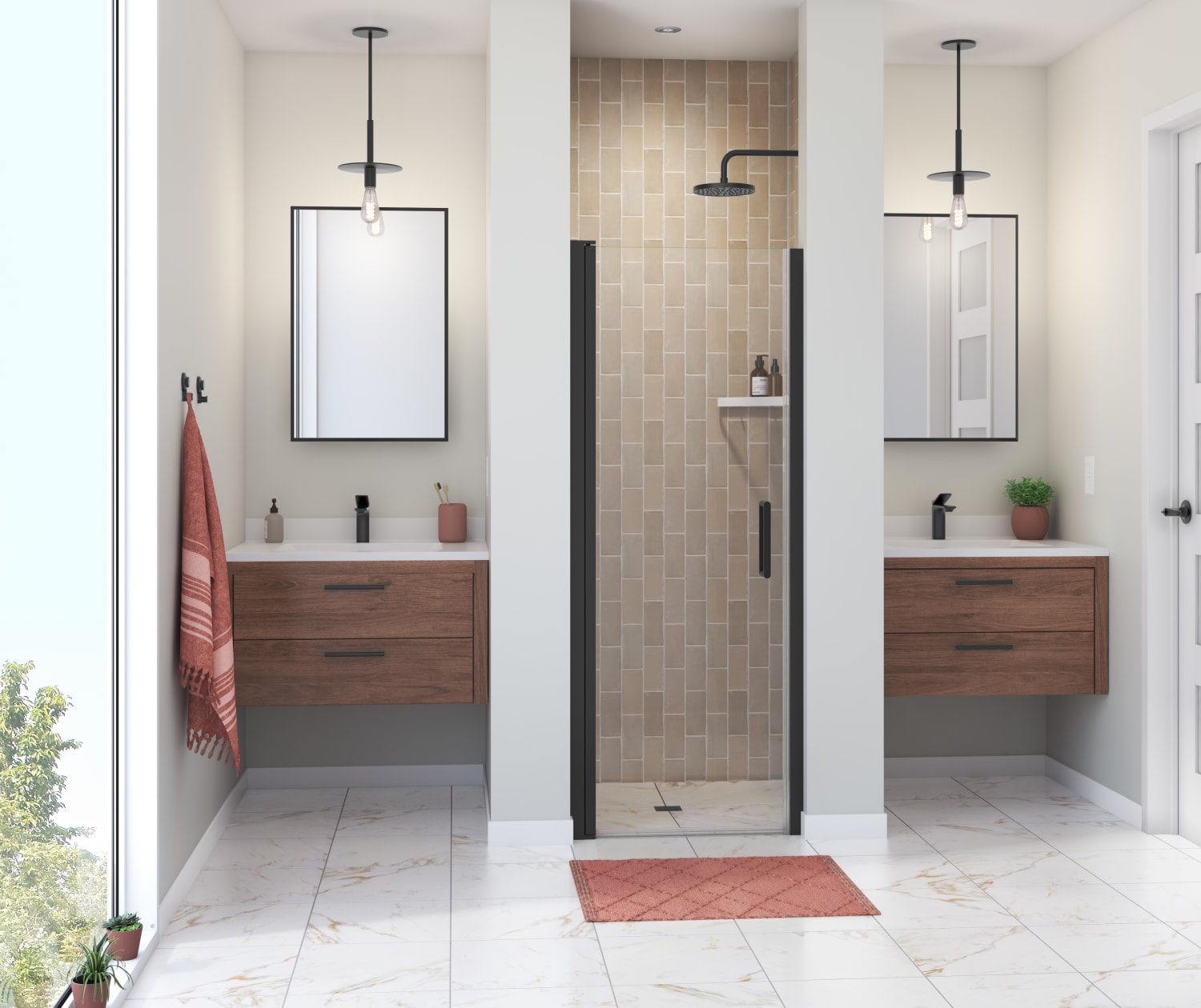 Manhattan 23-25 x 68 in. 6 mm Pivot Shower Door for Alcove Installation  with Clear glass & Round Handle in Matte Black | Shower Door, Maax en