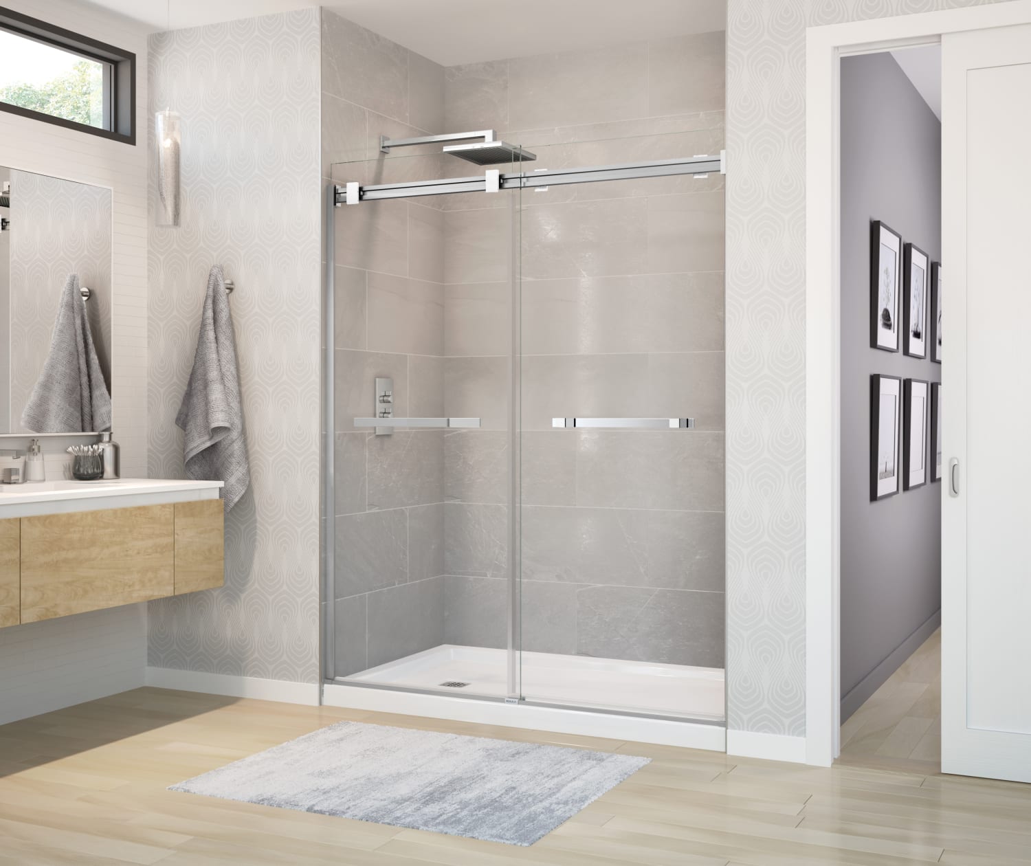 Duel 56-58 ½ x 70 ½-74 in. 8 mm Bypass Shower Door for Alcove Installation with Clear glass in Chrome & Matte White | Shower Door, Maax en Duel 56-58 ½ x 70 ½-74 in. 8 mm Bypass Shower Door for Alcove Installation with Clear glass in Chrome & Matte White | Shower Door, Maax en