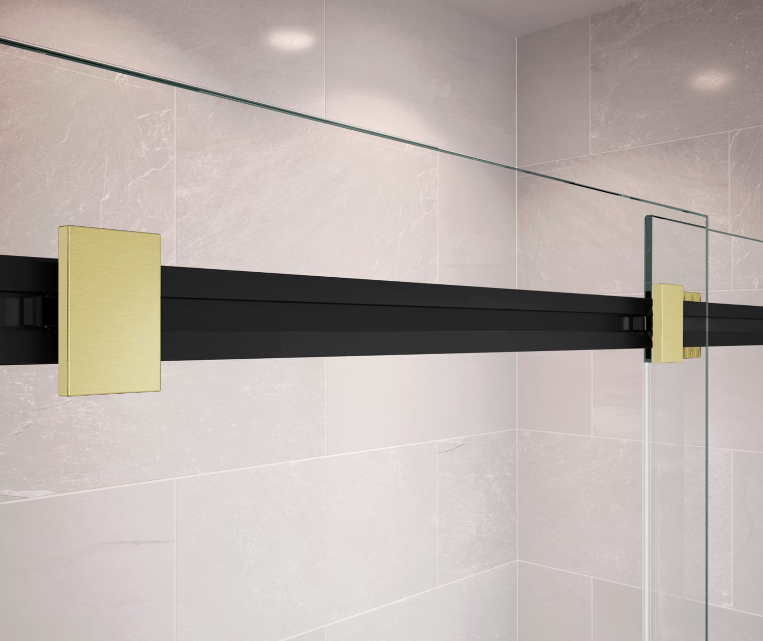 Duel 56-58 ½ x 70 ½-74 in. 8 mm Bypass Shower Door for Alcove Installation with Clear glass in Matte Black & Brushed Gold | Shower Door, Maax en Duel 56-58 ½ x 70 ½-74 in. 8 mm Bypass Shower Door for Alcove Installation with Clear glass in Matte Black & Brushed Gold | Shower Door, Maax en