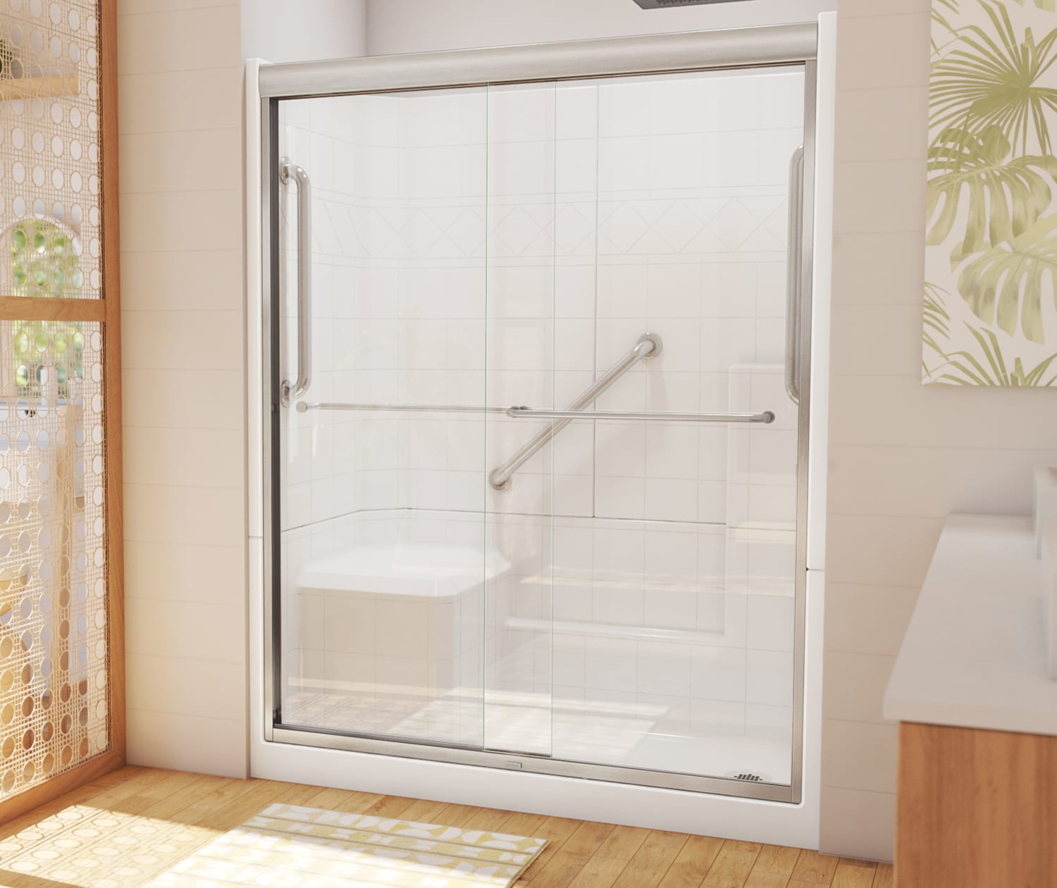Loudon 60 x 32 AcrylX Alcove Right Hand Drain Three Piece Shower in White with Door and Accessories in Brushed Nickel Shower Kit LaurelMountain en