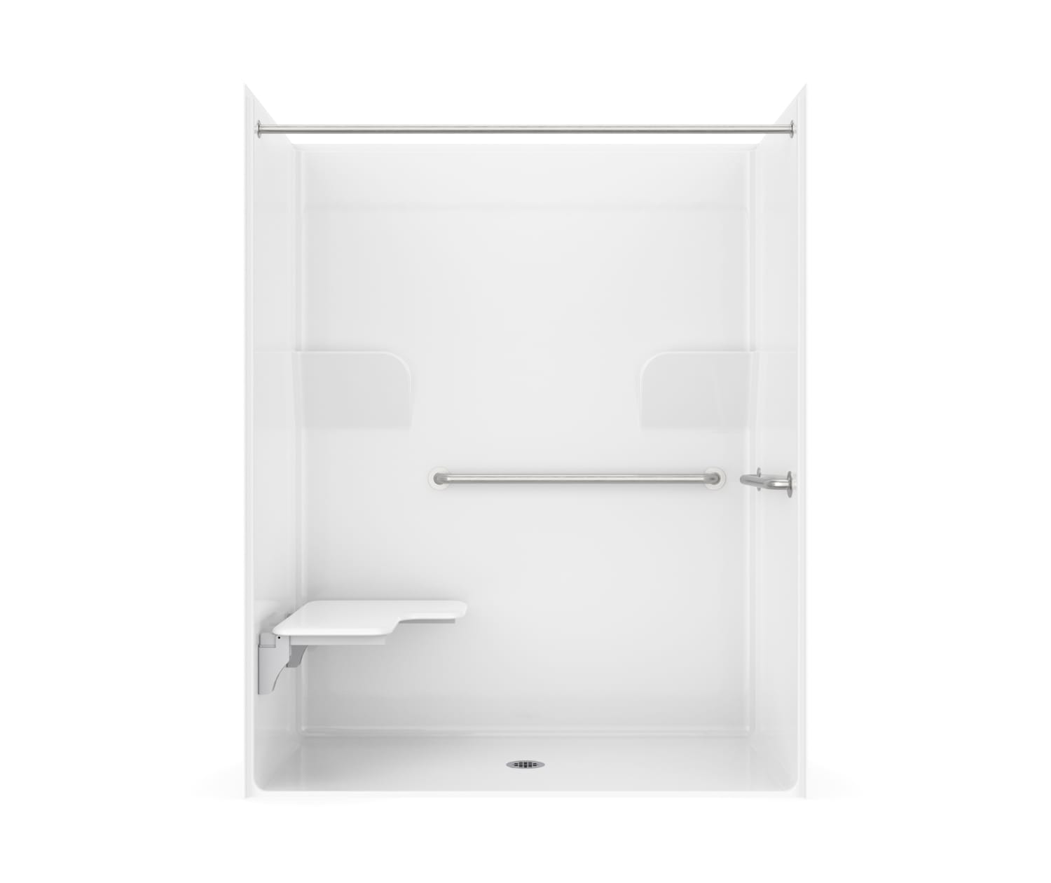 Laurel Mountain Whitwell ADA Roll-In Zero Threshold- Barrier Free White 33-in x 62-in x 78-in Base/Wall One-Piece Shower Kit with Folding Seat