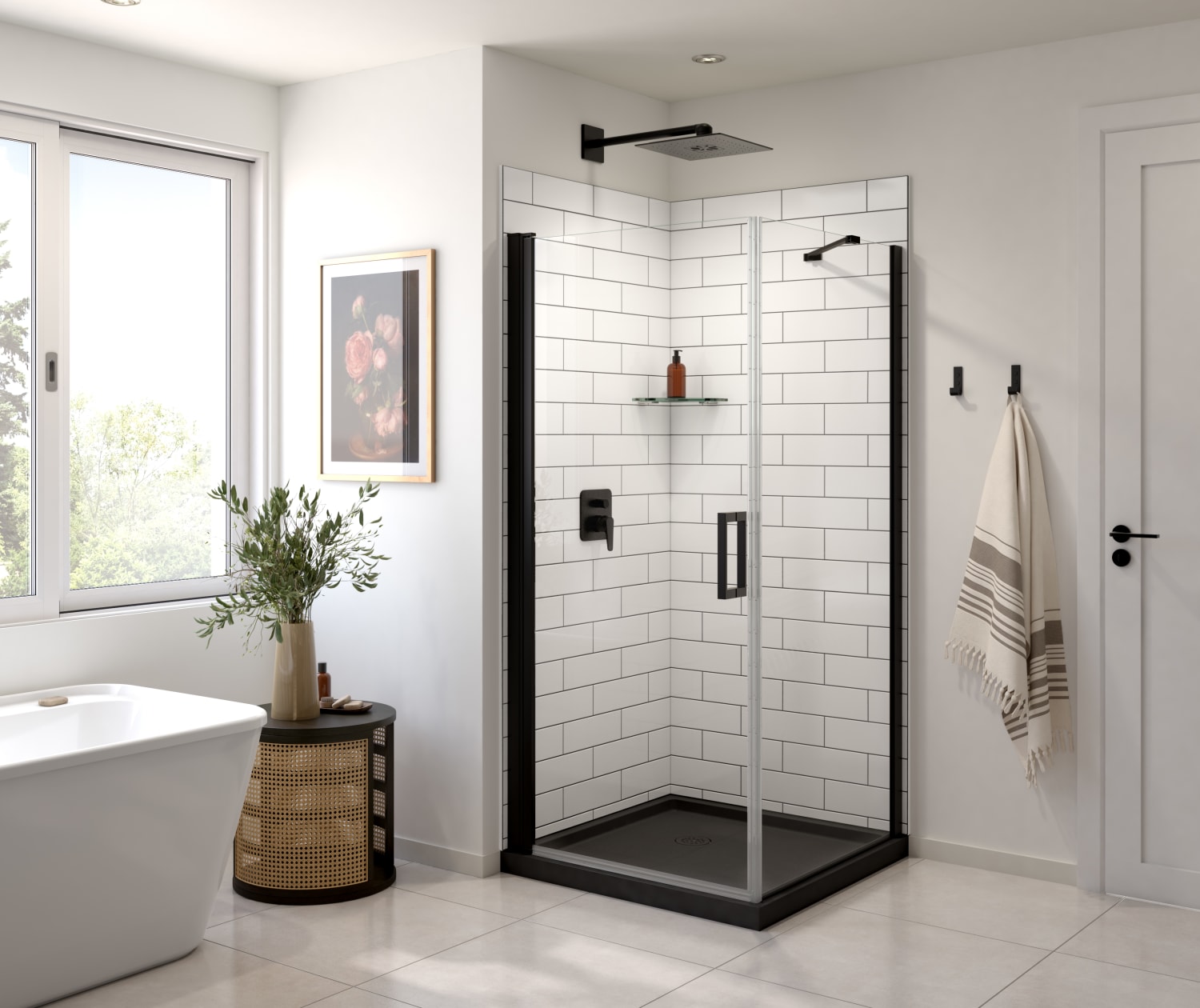 Manhattan Square 36 x 36 x 72 in. 6mm Pivot Shower Door for Corner Installation with Clear glass Square Handle in Matte Black Shower Enclosure Maax en