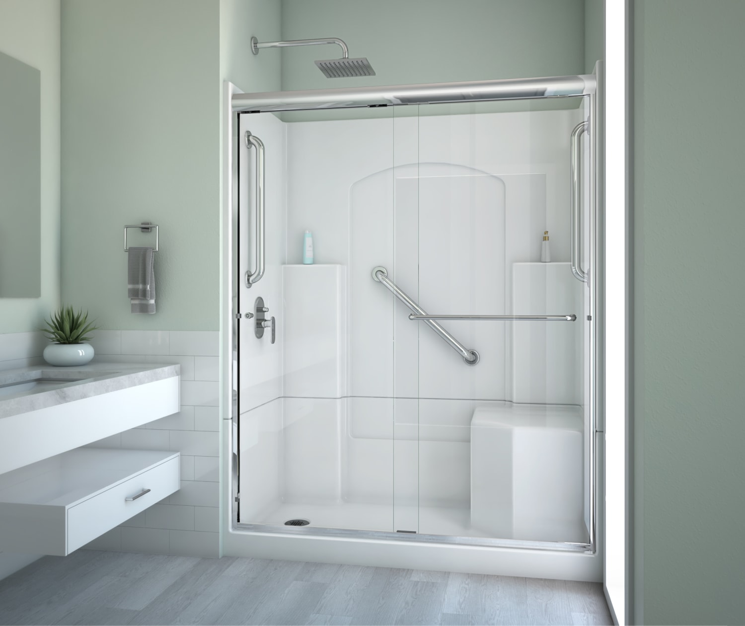 Ramer 60 x 32 AcrylX Alcove Left Hand Drain Four Piece Shower in White with Door and Accessories in Chrome Shower Kit LaurelMountain en