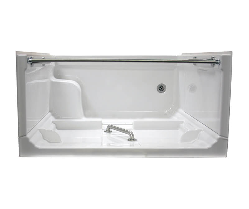 Laurel Mountain Whitwell ADA Roll-In Zero Threshold- Barrier Free White 33-in  x 62-in x 78-in One-piece Shower Kit (Center Drain) with Folding Seat, Base,  Wall and Drain Included in the Shower Stalls