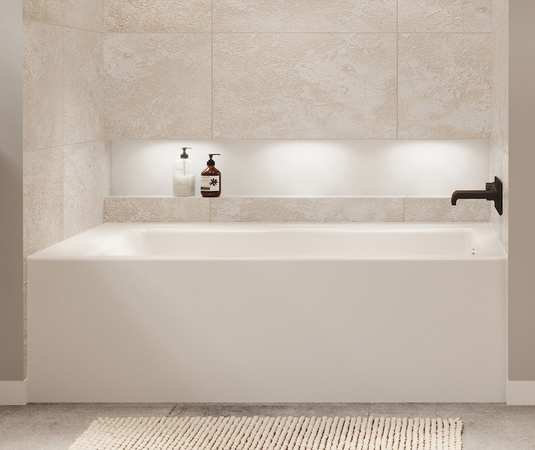 Image of a tiled tub shower in a bathroom with tile.