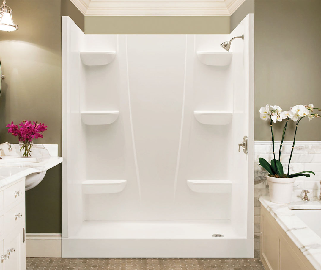 Bathroom scene with large low threshold shower featuring Veritek Professional Collection