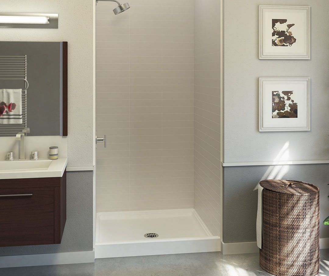 Bathroom scene showing a standard standup shower unit featuring a Veritek Professional Series Shower Pan.