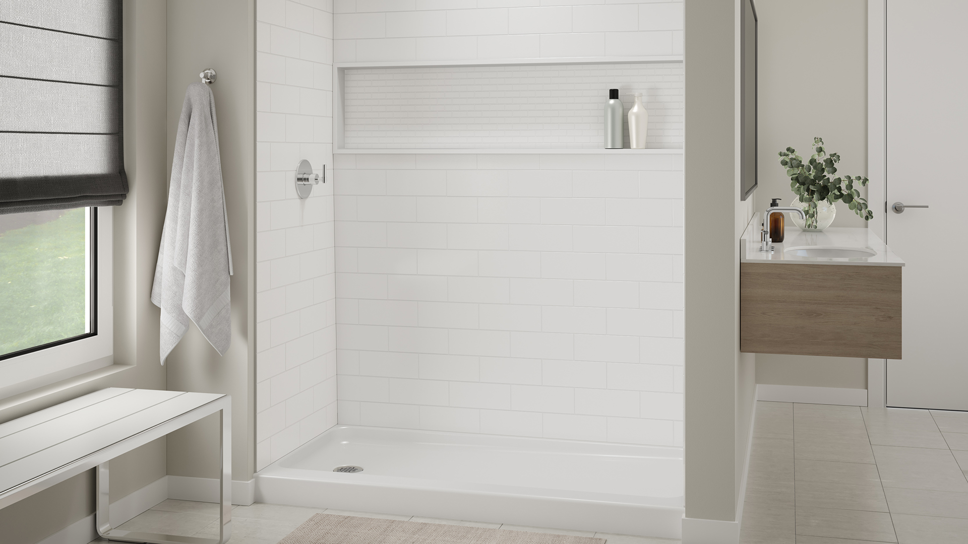 Bootz white porcelain shower base with white subway tile wall set in beige bathroom