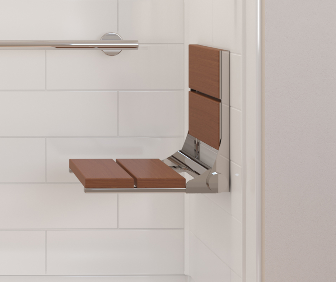 Renovative Bath Systems wood seat for an accessible shower.