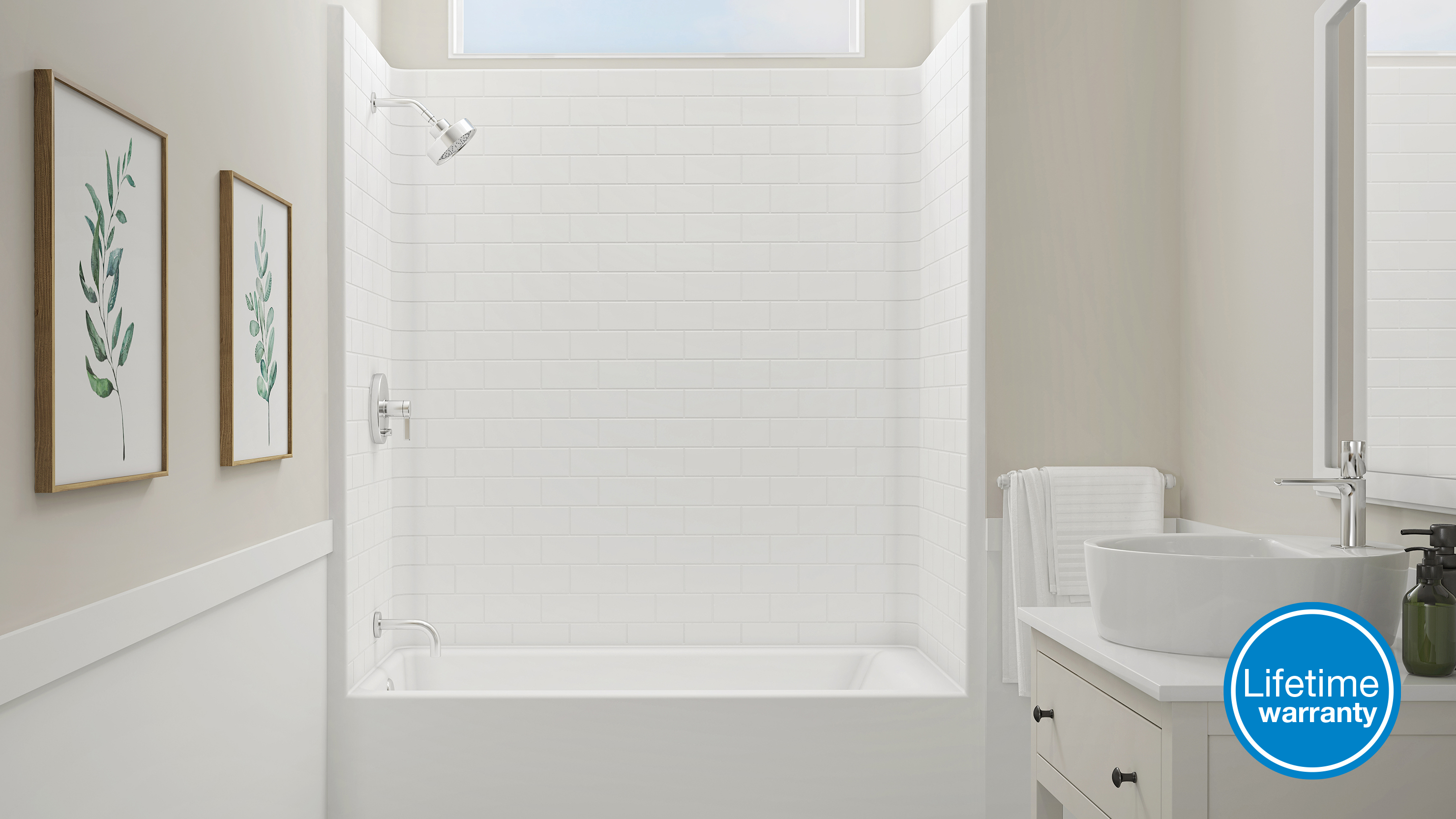 Image of a bathroom with a tub shower in Clarion's subway tile.