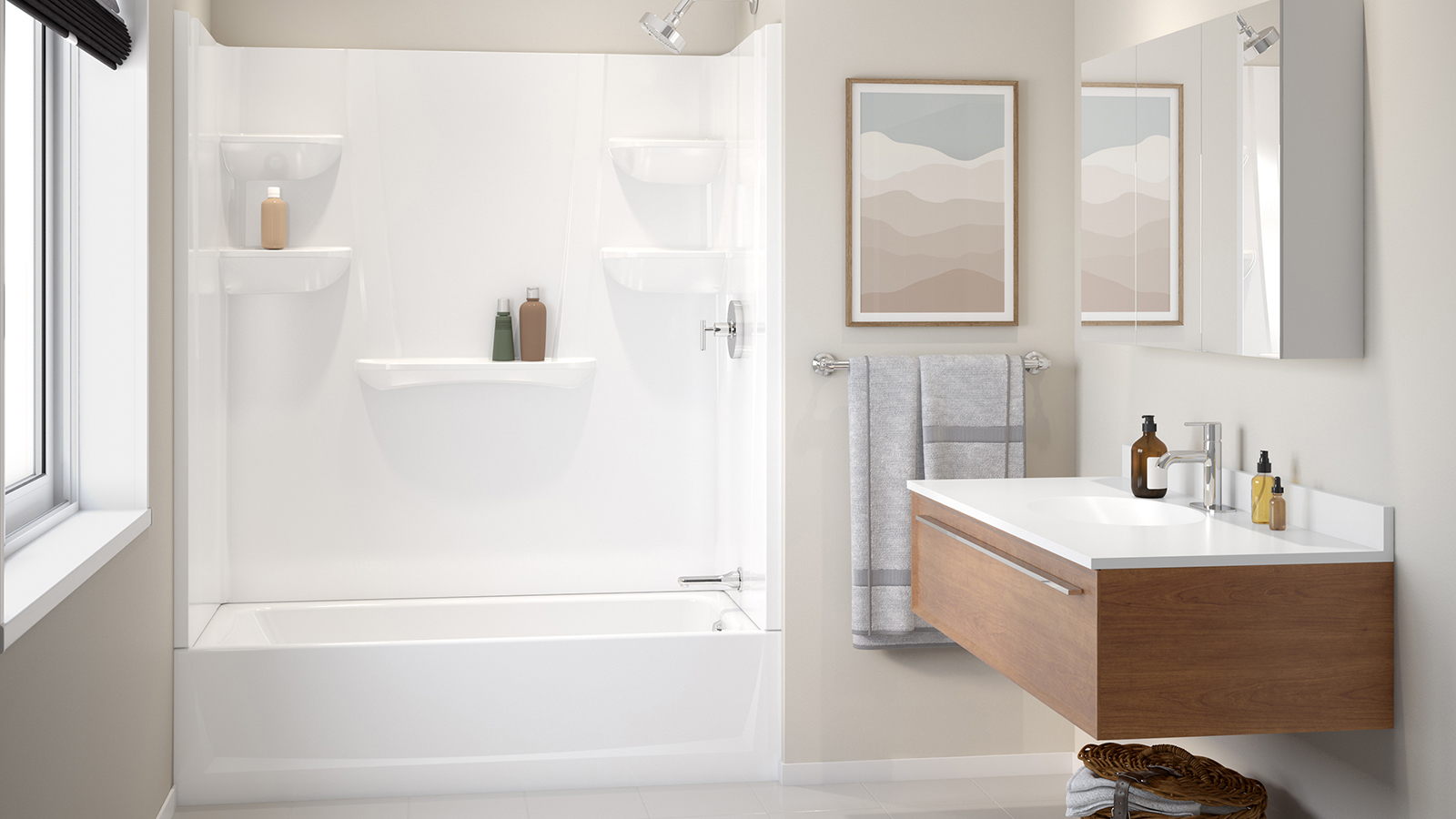 Bathroom scene with sunlight pouring in featuring Swan Professional Series Veritek Pro tub shower with 5 shelves and stainless steel bathware.