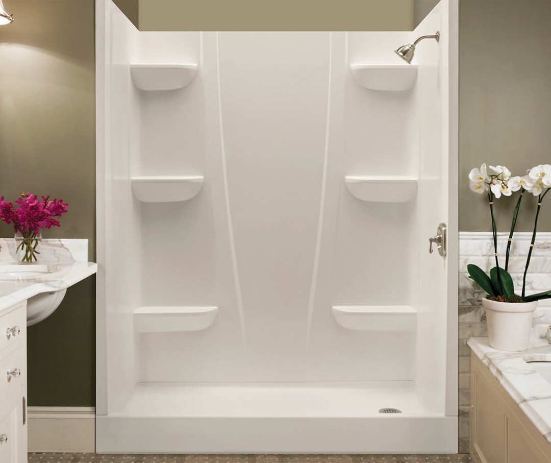 Swan showers with 6 built-in shelves.