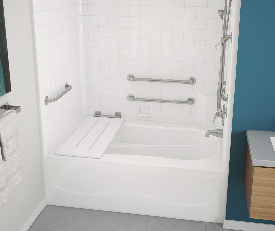 Image of a tub shower with bench from Clarion.