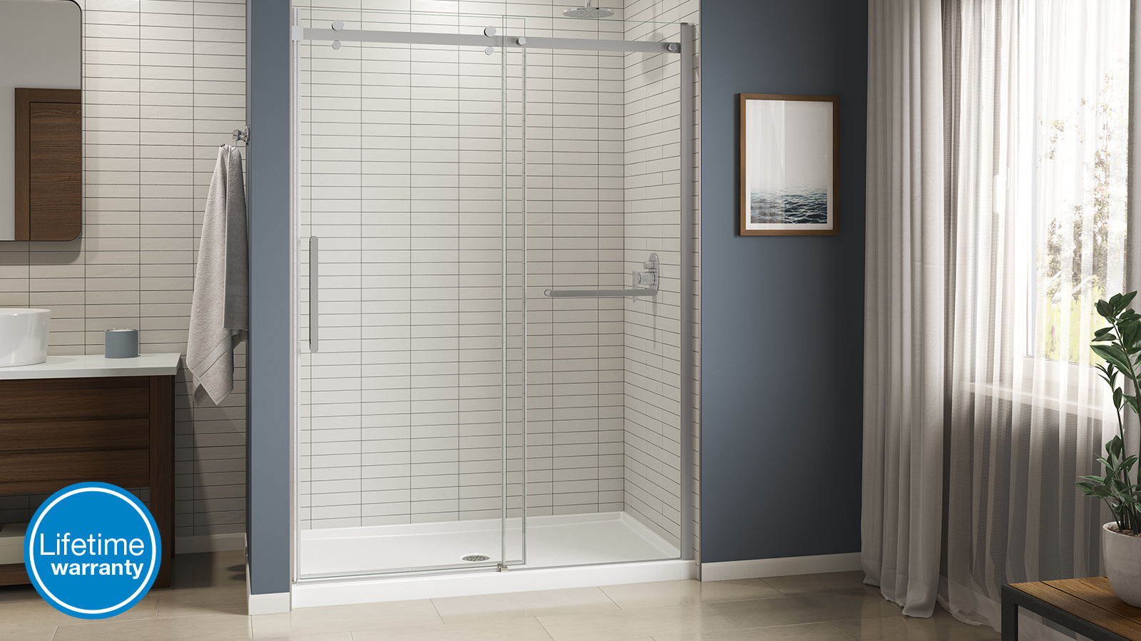 Image of a walk-in shower with subway tile.