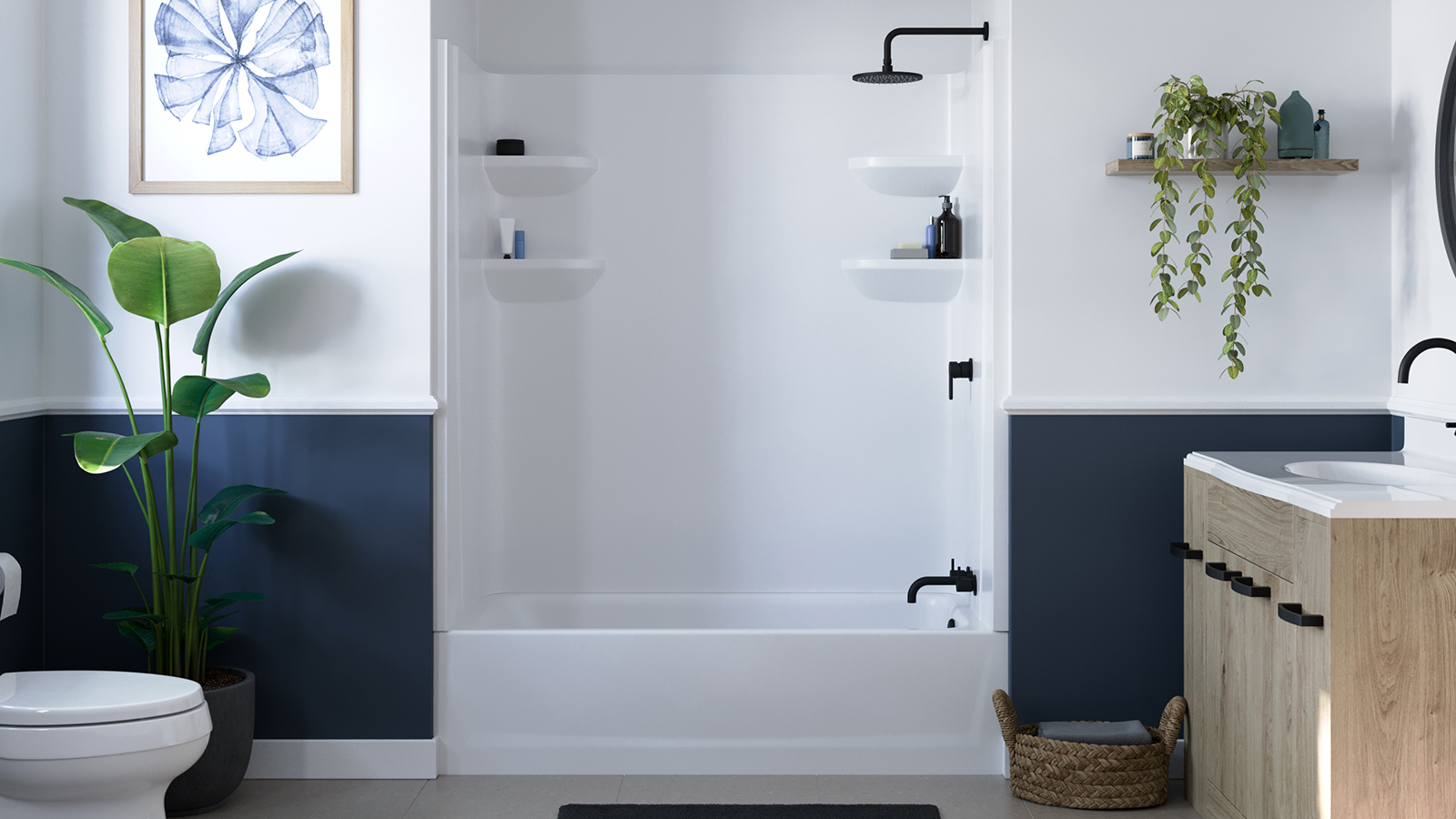 Beautiful bathroom scene featuring Swan Professional Collection Tub Shower with 4 shelves and aged bronze bathware accessories.