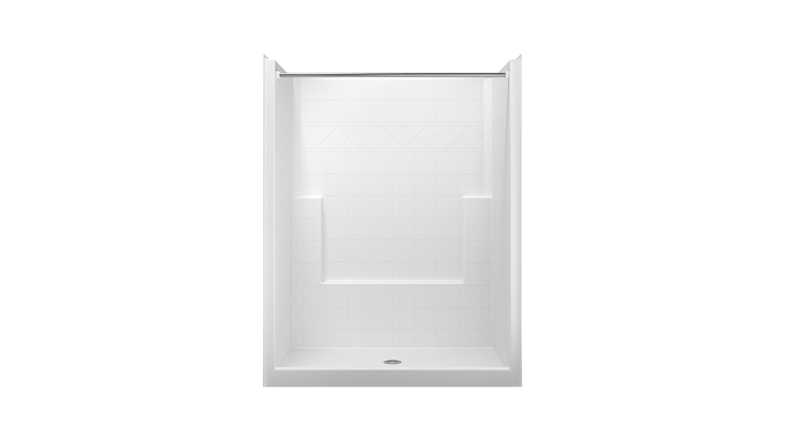 Comfort Designs white stone molded shower, center drain shower.