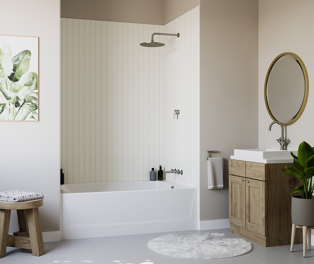 Bathroom scene with Swan Veritek Professional Collection tub with textured wall surround.
