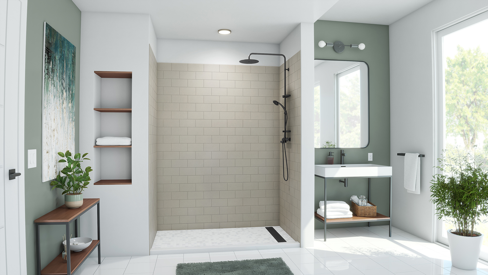 Swan's very own concrete shower wall limestone color.