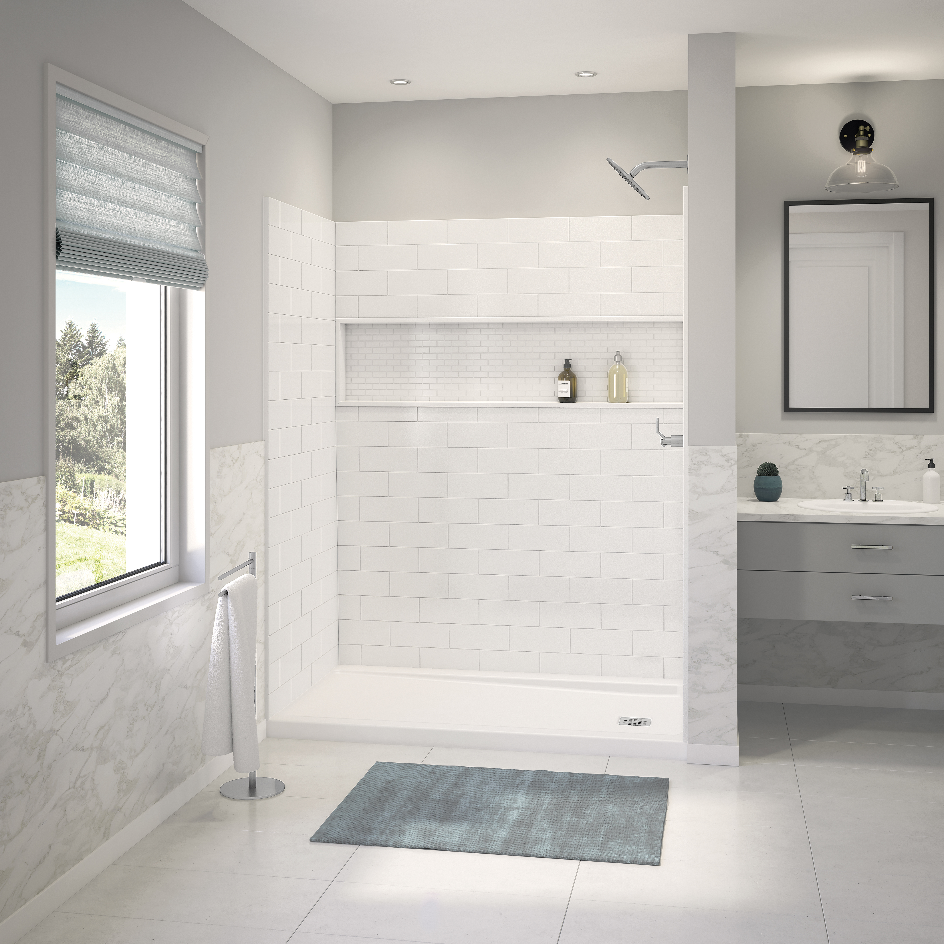 NexTile Alcove Shower Kit 32 in. L x 60 in. W x 78 in. H with ShowerCast base Right Hand in White
