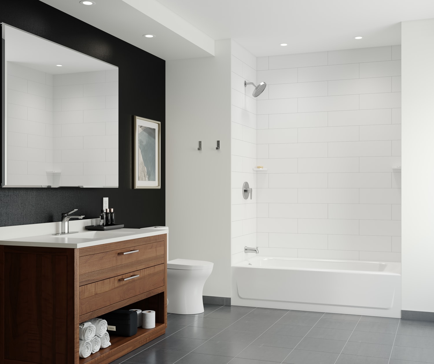 Hotel bathroom with white tub shower combo, toilet, and brown vanity.