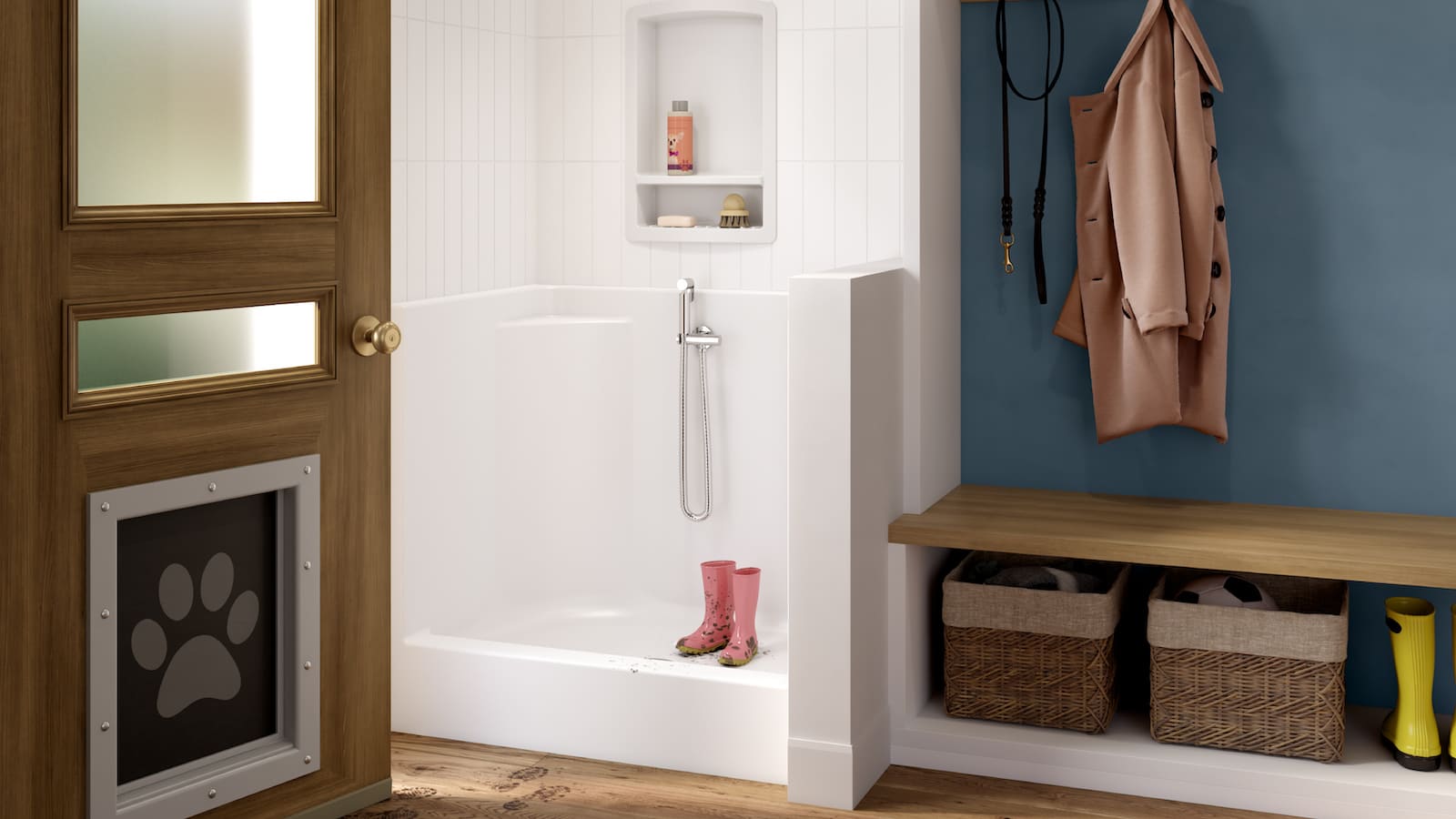 An open bathroom with a white pet utility shower with pink muddy rain boots placed on the inside.