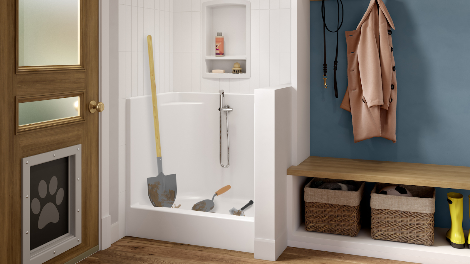 An open bathroom featuring a white pet utility shower with a shovel and tools inside.